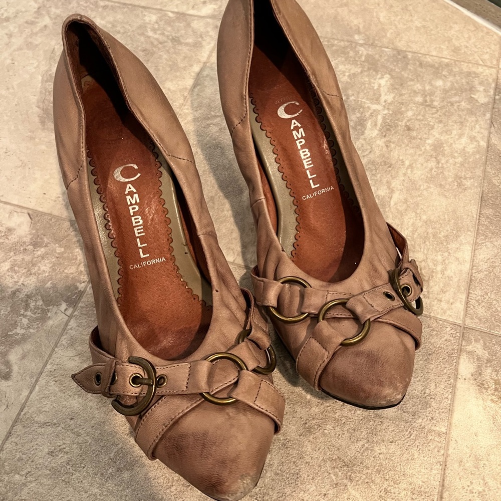 Jeffrey Campbell tan/beige distressed kitten heel pumps with buckle